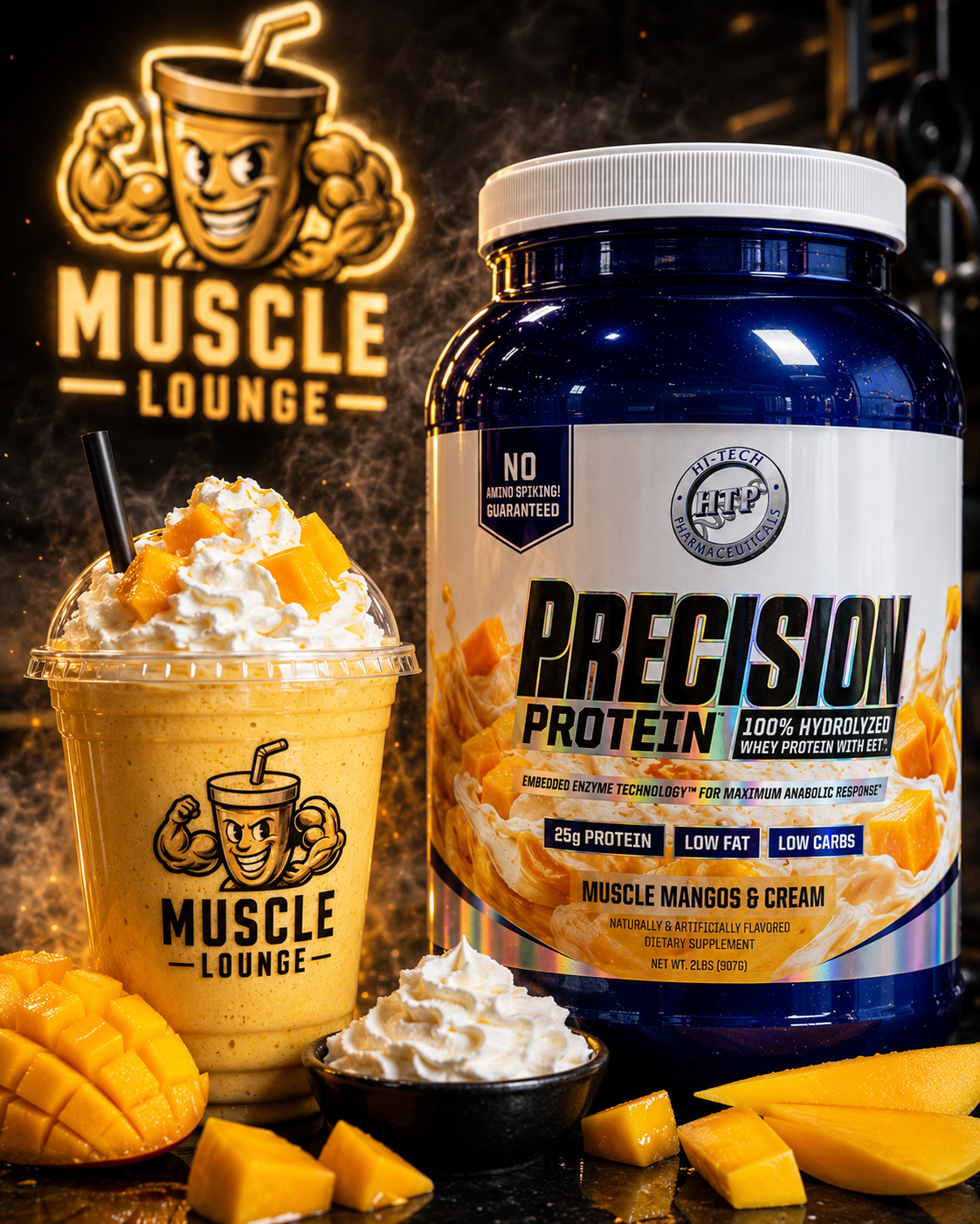 Muscle Mangos & Cream seasonal smoothie with flying mango chunks