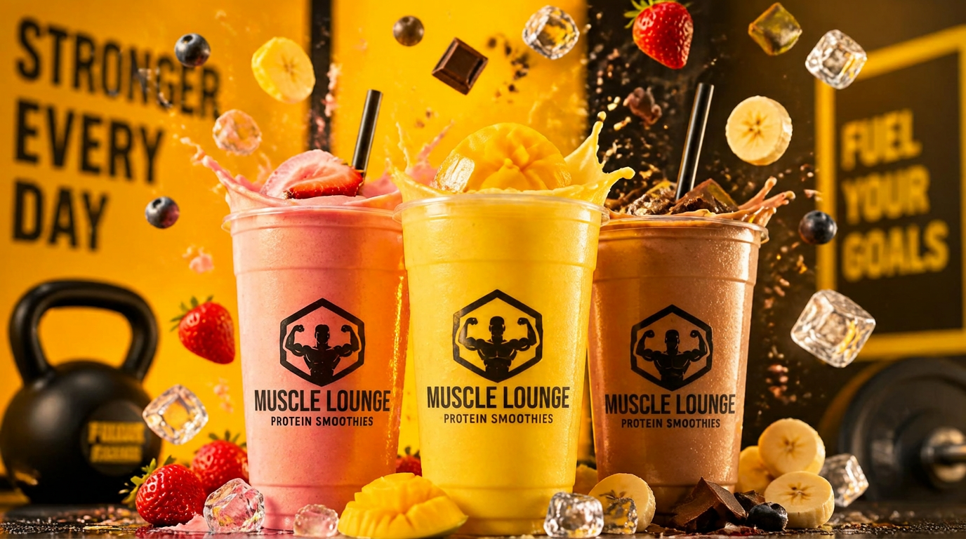 Muscle Lounge protein smoothies splashing with fresh fruit