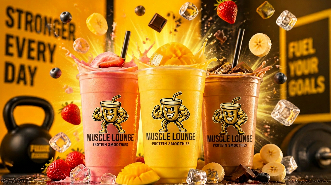 Muscle Lounge protein smoothies splashing with fresh fruit
